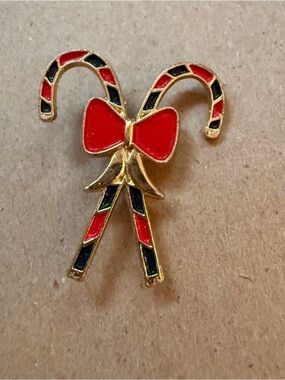 Gold-Tone Red & Black Candy Cane Bow Pin for Kids